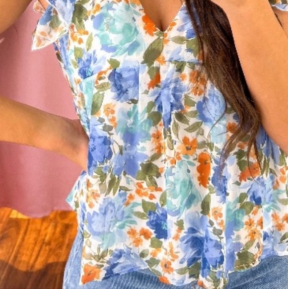 Peach Love California Blue and Orange Floral Blouse - Picture 2 of 6